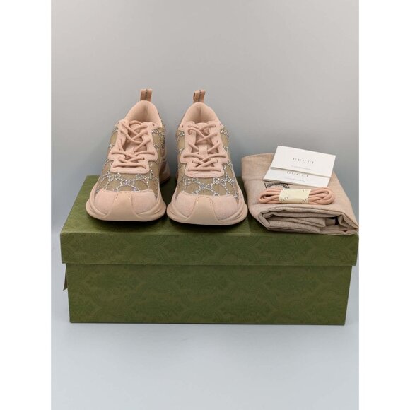 Gucci Tela Retino Mesh Crystal Suede GG Monogram Run Sneakers Light Powder Skin - Picture 13 of 14